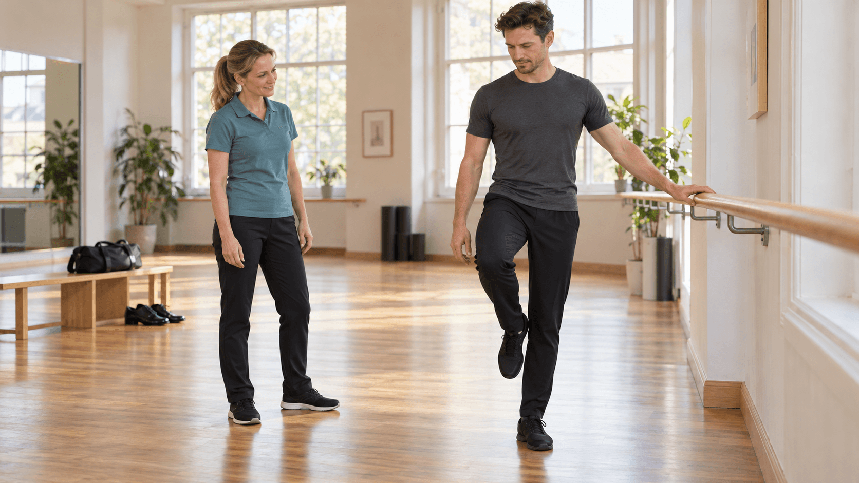 Ballroom dancer practising a supported balance exercise under the guidance of a physiotherapist Ballroom dancer practising a supported balance exercise under the guidance of a physiotherapist